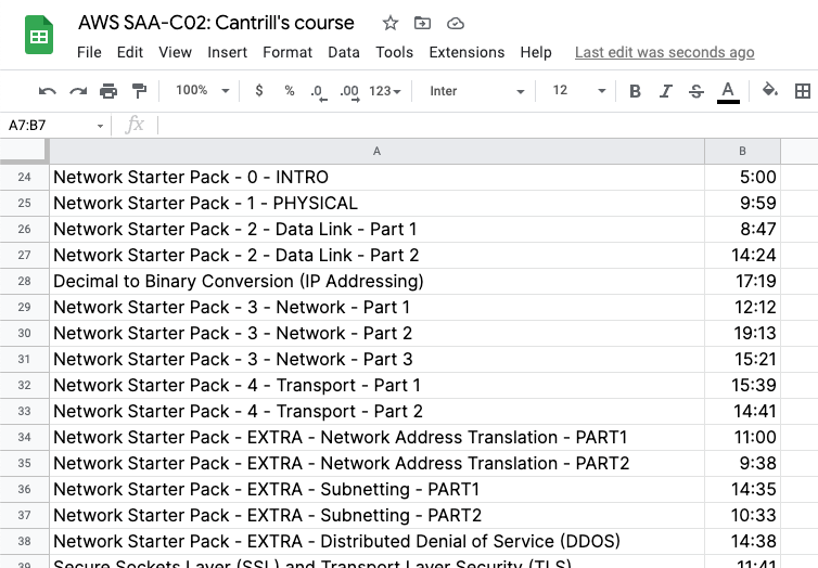 Image: a list of video lecture titles and runtimes in Google Sheets