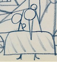 Crop of the Infanta Margarita Teresa from Sketch for "Las Meninas",  Pablo Picasso. 1957, blue pencil on paper (page from a sketchbook). Museu Picasso, Barcelona. Picture taken from Museu Picasso's blog post, The chronology of Las Meninas  of Picasso .